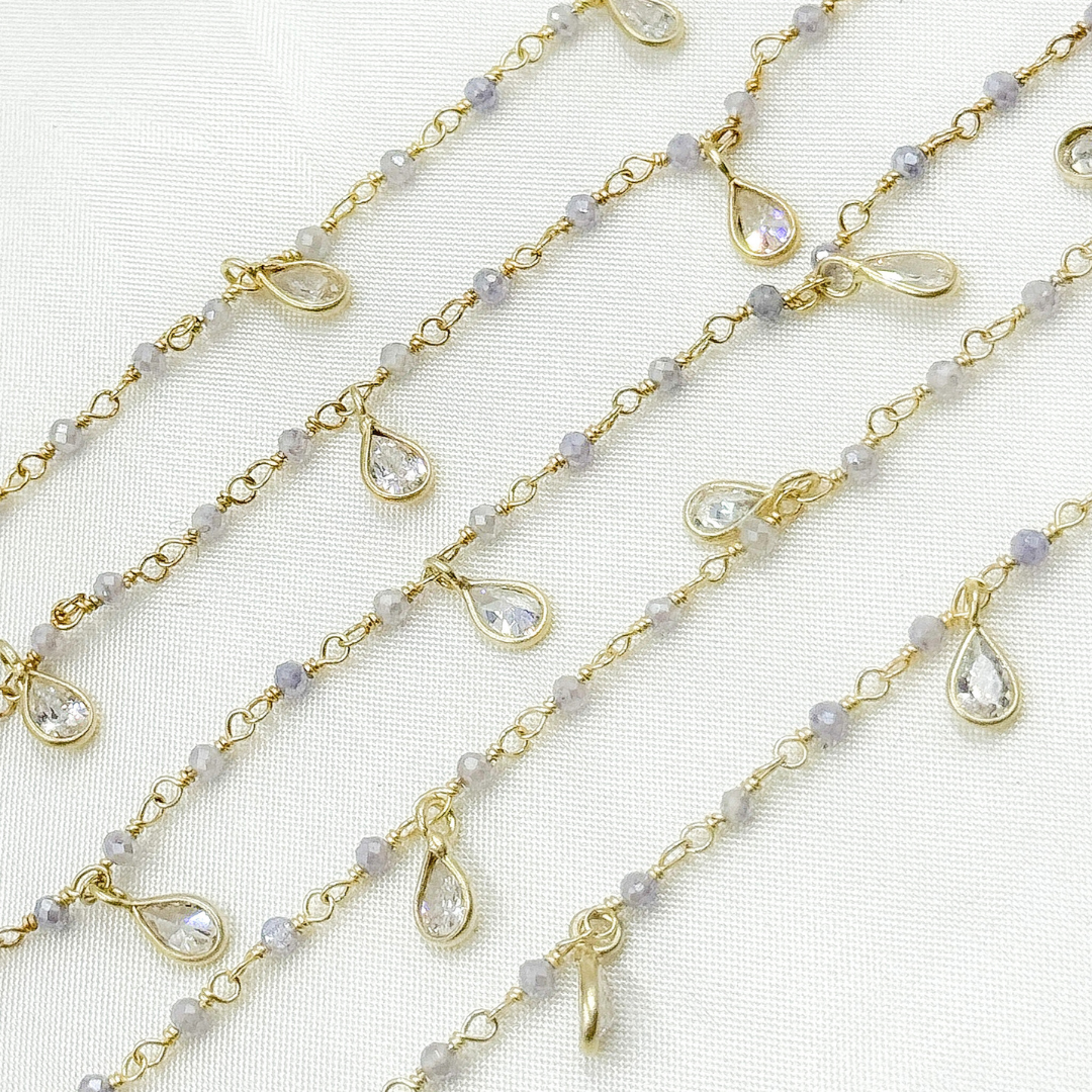 Coated Blue Quartz & CZ Dangle Gold Plated Wire Chain