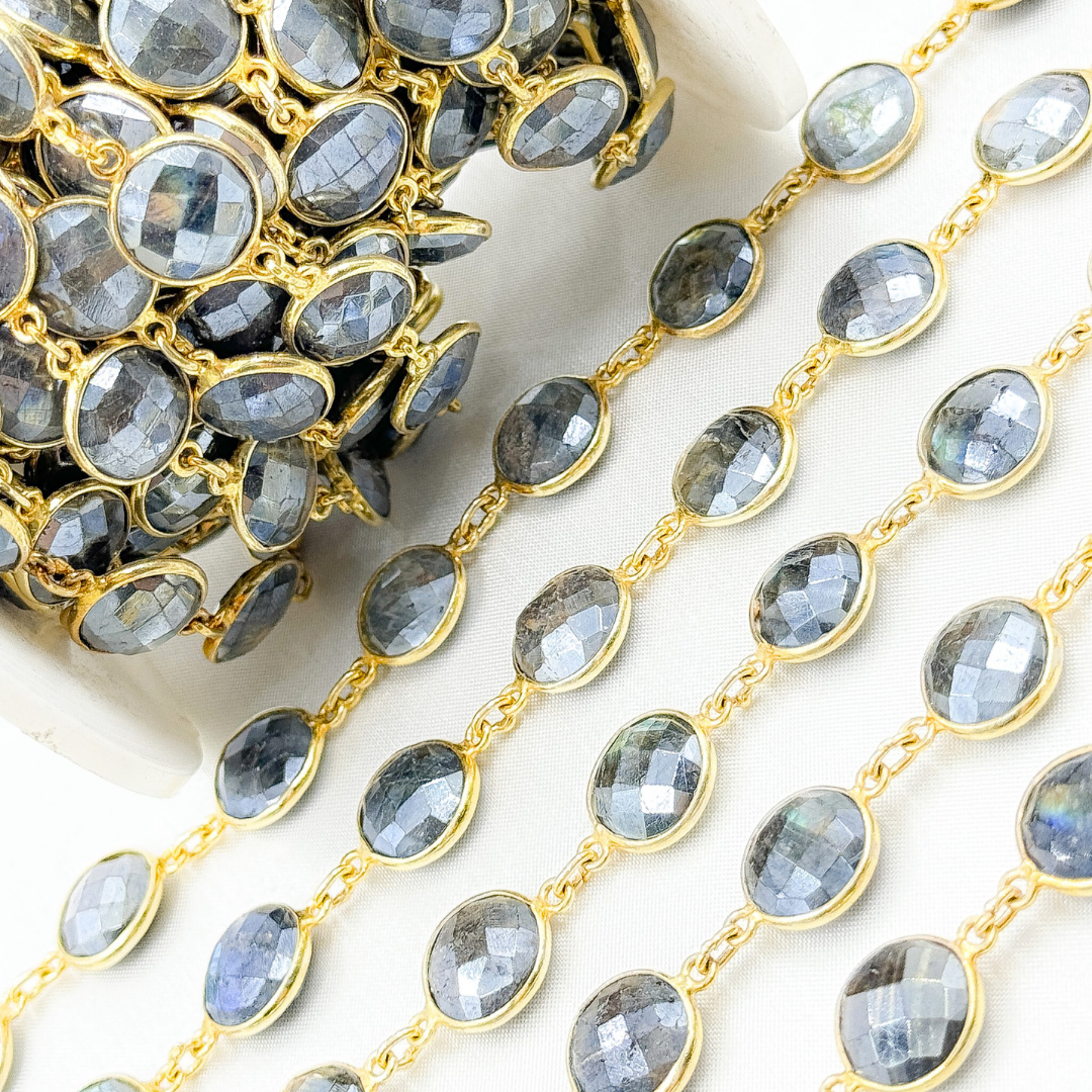 Coated Labradorite Round Shape Bezel Gold Plated Wire Chain. CLB64