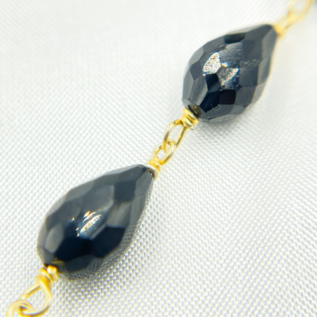 Black Spinel Tear Drop Shape Gold Plated Wire Chain.