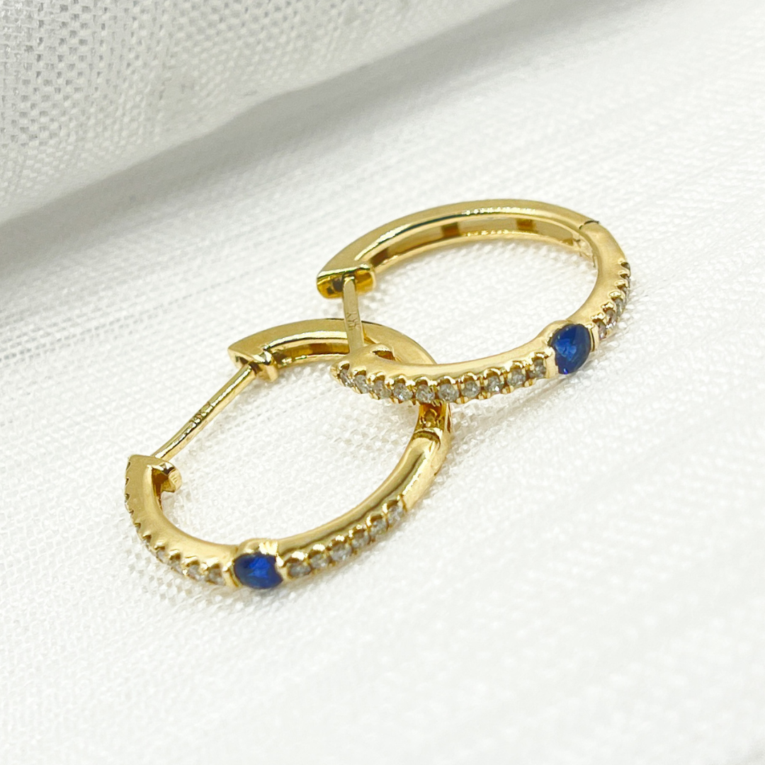 14K Solid Gold Diamond & Blue Sapphire Hoop Earrings