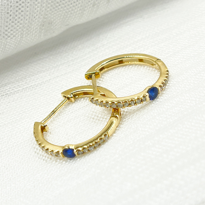 14K Solid Gold Diamond & Blue Sapphire Hoop Earrings