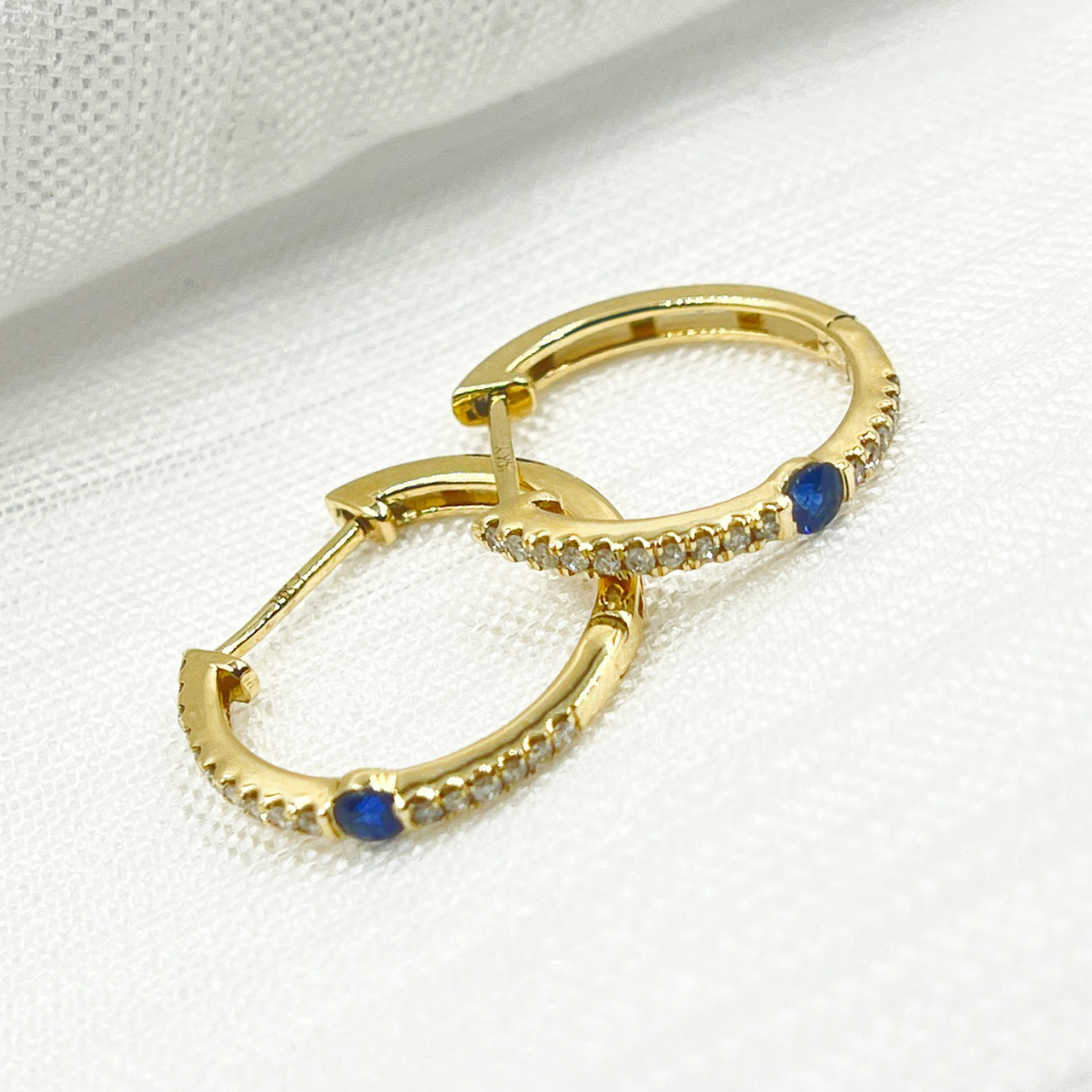 EHC56664. 14K Solid Gold Diamond & Blue Sapphire Hoop Earrings