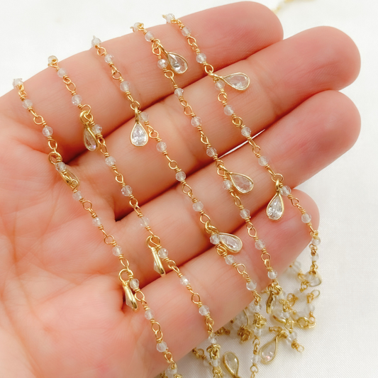 White Topaz & CZ Dangle Gold Plated Wire Chain.