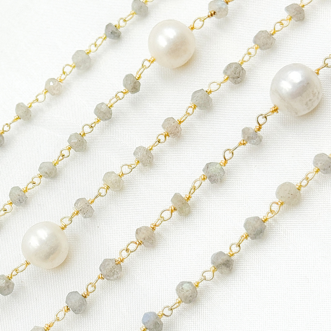 Labradorite & Pearl Gold Plated 925 Sterling Silver Wire Chain.