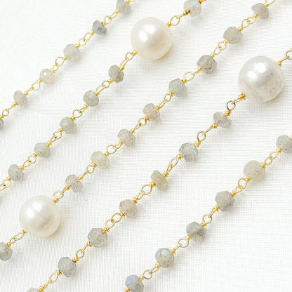 Labradorite & Pearl Gold Plated 925 Sterling Silver Wire Chain.