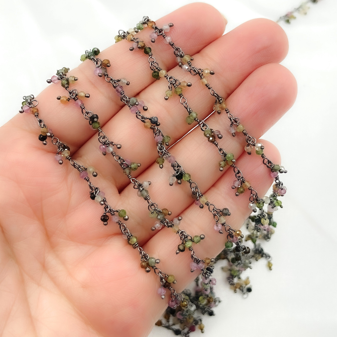 Multi Tourmaline Cluster Dangle Oxidized Wire Chain.