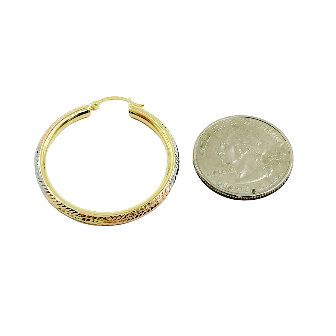14K Gold Tri-Color Hoop Earrings with Engraved Tornado Design.