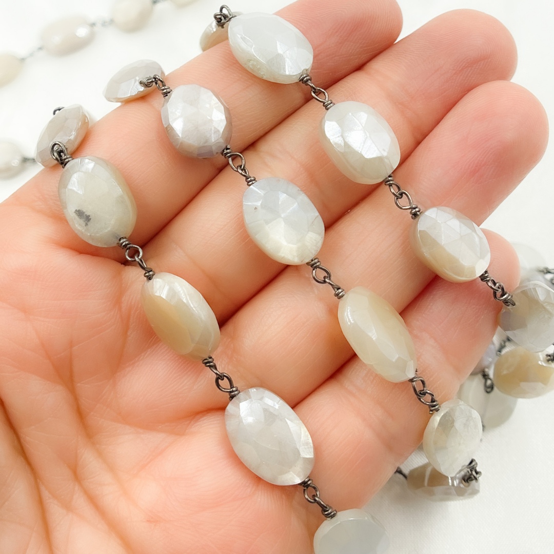Coated Oval Moonstone Oxidized Wire Chain.