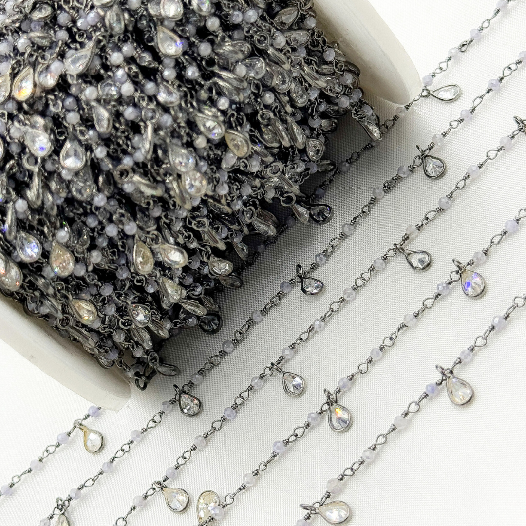 Coated Blue Quartz & CZ Dangle Oxidized Wire Chain.