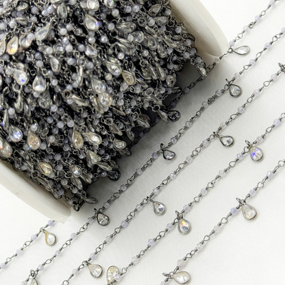 Coated Blue Quartz & CZ Dangle Oxidized Wire Chain.