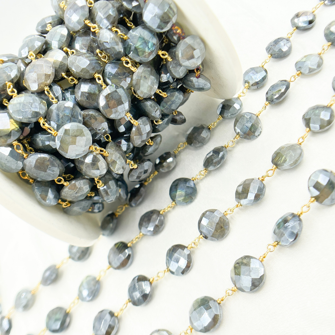 Coated Labradorite Rondel Smooth Gold Plated Wire Chain.