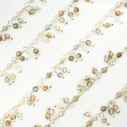 Coated Multi Moonstone Cluster Dangle 925 Sterling Silver Wire Chain.