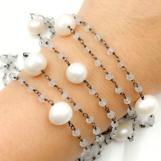 Crystal & Pearl Oxidized 925 Sterling Silver Wire Chain