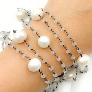 Crystal & Pearl Oxidized 925 Sterling Silver Wire Chain