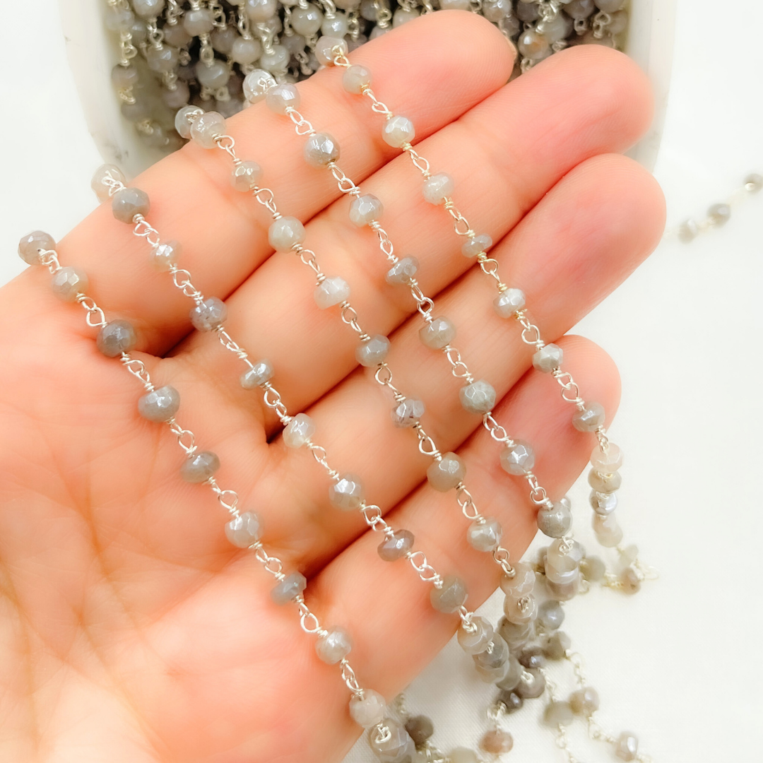 Coated Grey Moonstone 925 Sterling Silver Wire Chain.