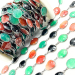 Load image into Gallery viewer, Green, Black &amp; Red Onyx Organic Shape Bezel Oxidized Silver Wire Chain. MMS25
