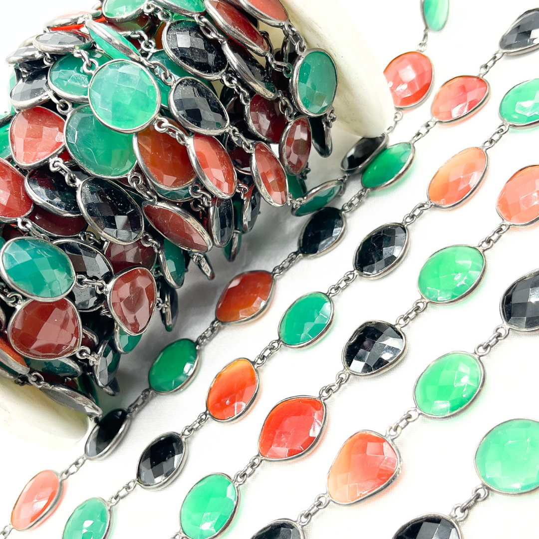 Green, Black & Red Onyx Organic Shape Bezel Oxidized Silver Wire Chain. MMS25