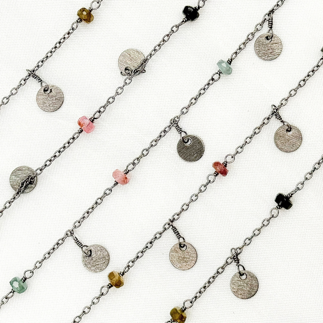 Multi Tourmaline and Dangle Disc Oxidized Wire Chain.