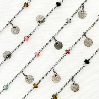 Multi Tourmaline and Dangle Disc Oxidized Wire Chain.