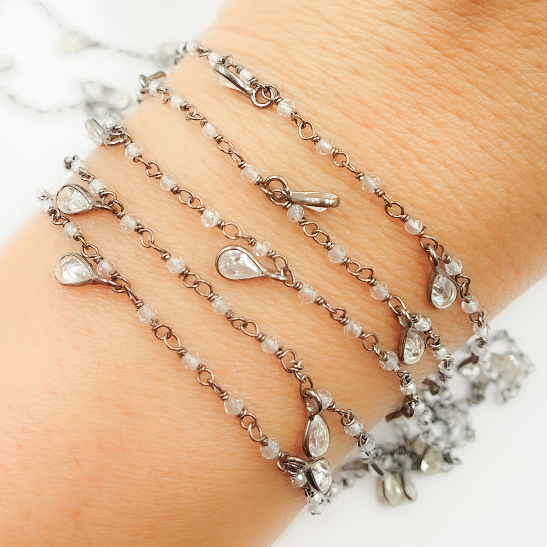 White Topaz & CZ Dangle Oxidized Wire Chain