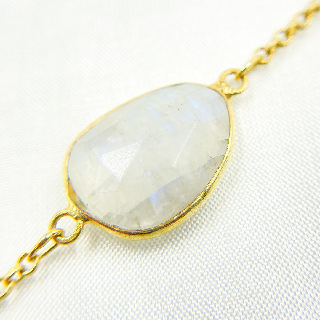 White Moonstone Organic Shape Bezel Gold Plated Connected Wire Chain. RB1