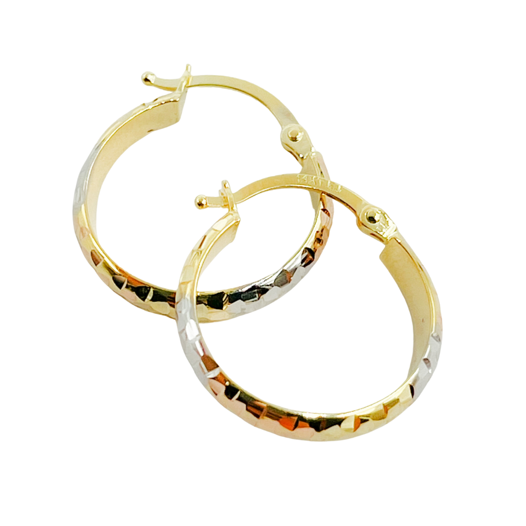 14K Gold Diamond Cut Tri-Color Hoop Earrings.