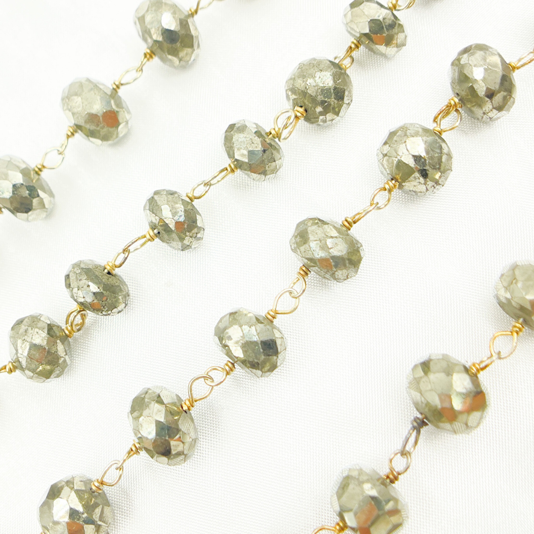 Pyrite Rondel Faceted Gold Plated Wire Chain. PYR53