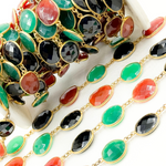 Load image into Gallery viewer, Green, Black and Red Onyx Organic Shape Bezel Gold Plated Wire Chain. MMS26
