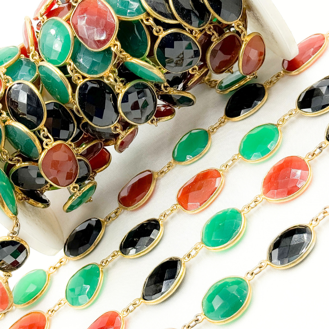 Green, Black and Red Onyx Organic Shape Bezel Gold Plated Wire Chain. MMS26