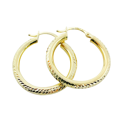 14K Gold Hoop Earrings with Engraved Tornado Design. 