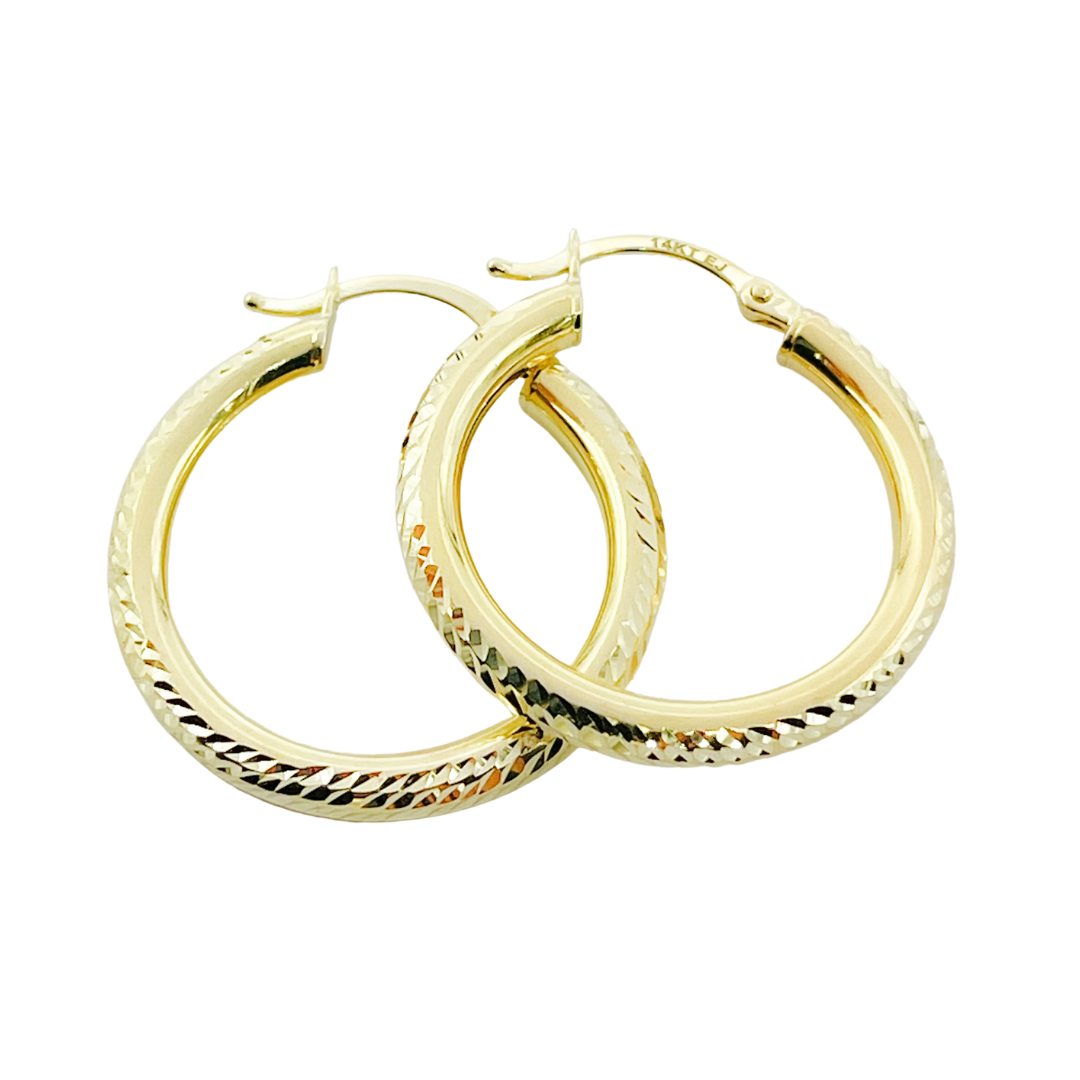14K Gold Hoop Earrings with Engraved Tornado Design. 