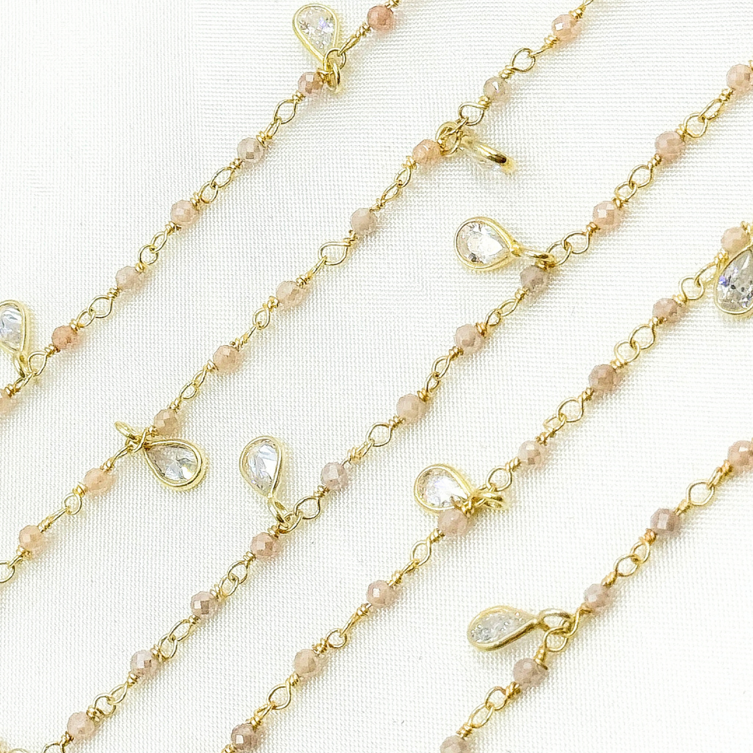 Coated Peach Moonstone & CZ Dangle Gold Plated Wire Chain. CMS95