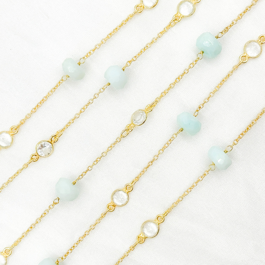 Peruvian Opal Rondel Shape & White Topaz Gold Plated Connected Wire Chain