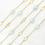 Peruvian Opal Rondel Shape & White Topaz Gold Plated Connected Wire Chain