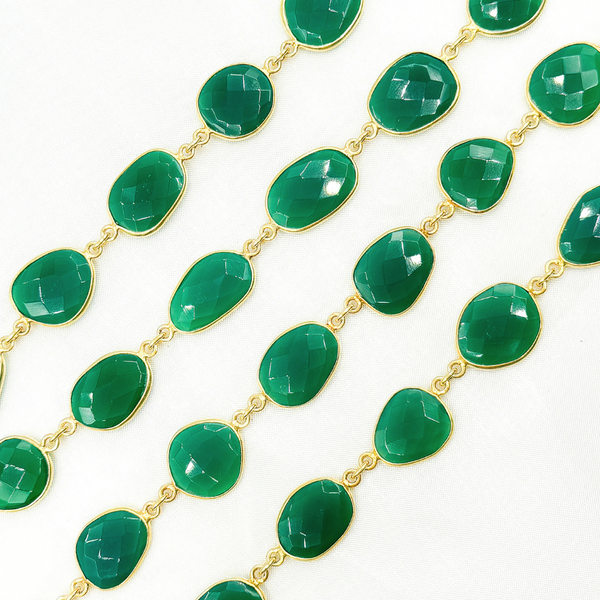 Green Onyx Organic Shape Bezel Gold Plated Wire Chain
