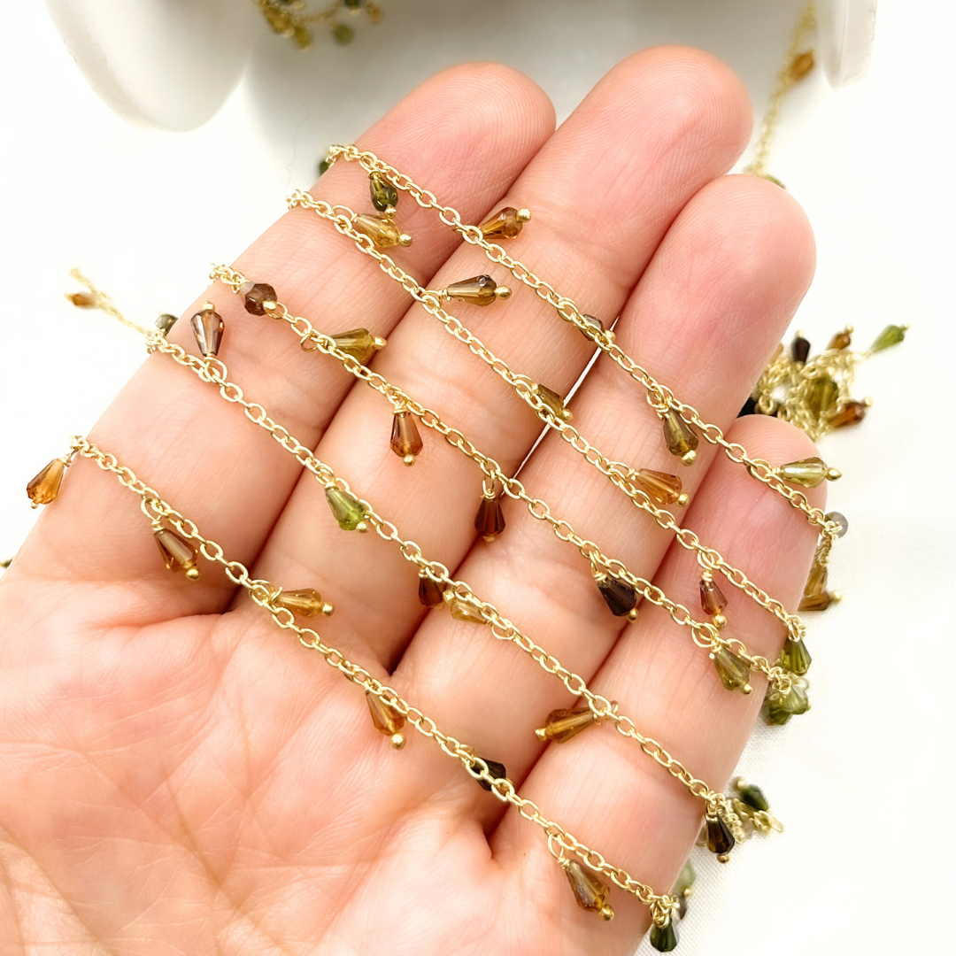 Multi Tourmaline Drop Dangle Gold Plated Wire Chain.