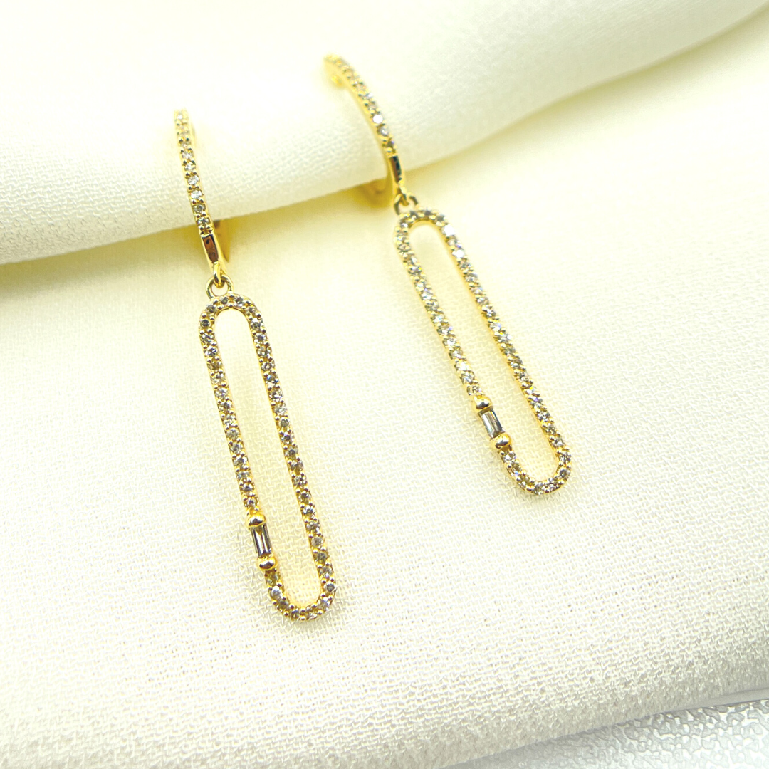 14K Solid Gold and Diamonds Oval Link Dangle Earrings