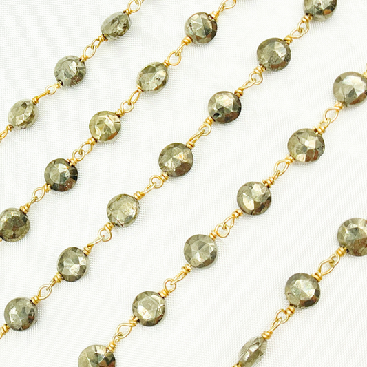 Pyrite Small Coin Shape Gold Plated Wire Chain. PYR49