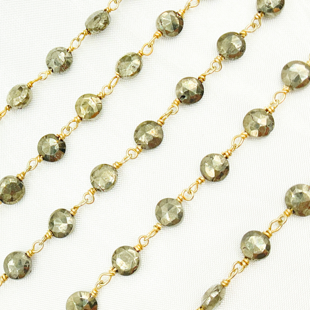 Pyrite Small Coin Shape Gold Plated Wire Chain. PYR49