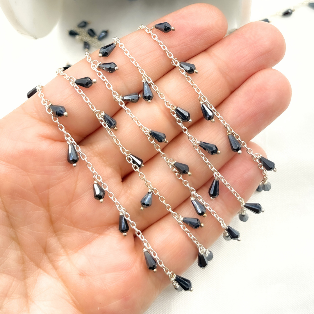 Coated Black Spinel Drop Dangle 925 Sterling Silver Wire Chain