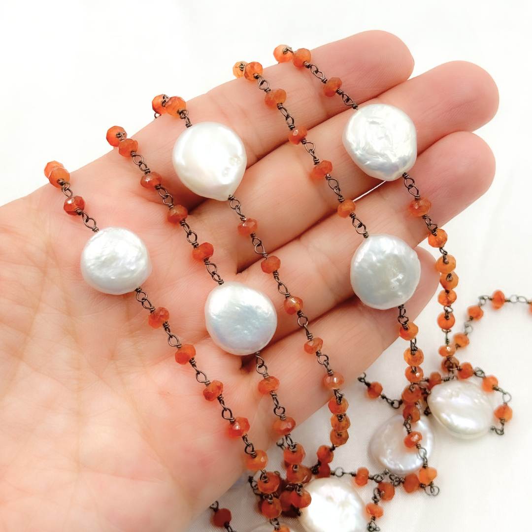 Carnelian & Pearl Round Shape Oxidized Wire Chain