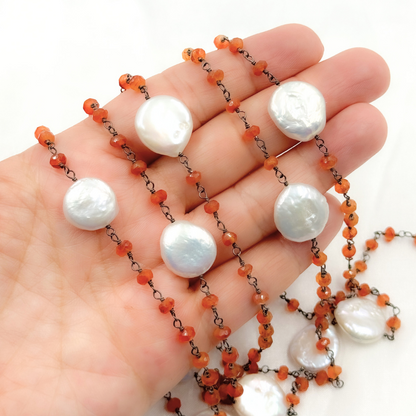 Carnelian & Pearl Round Shape Oxidized Wire Chain