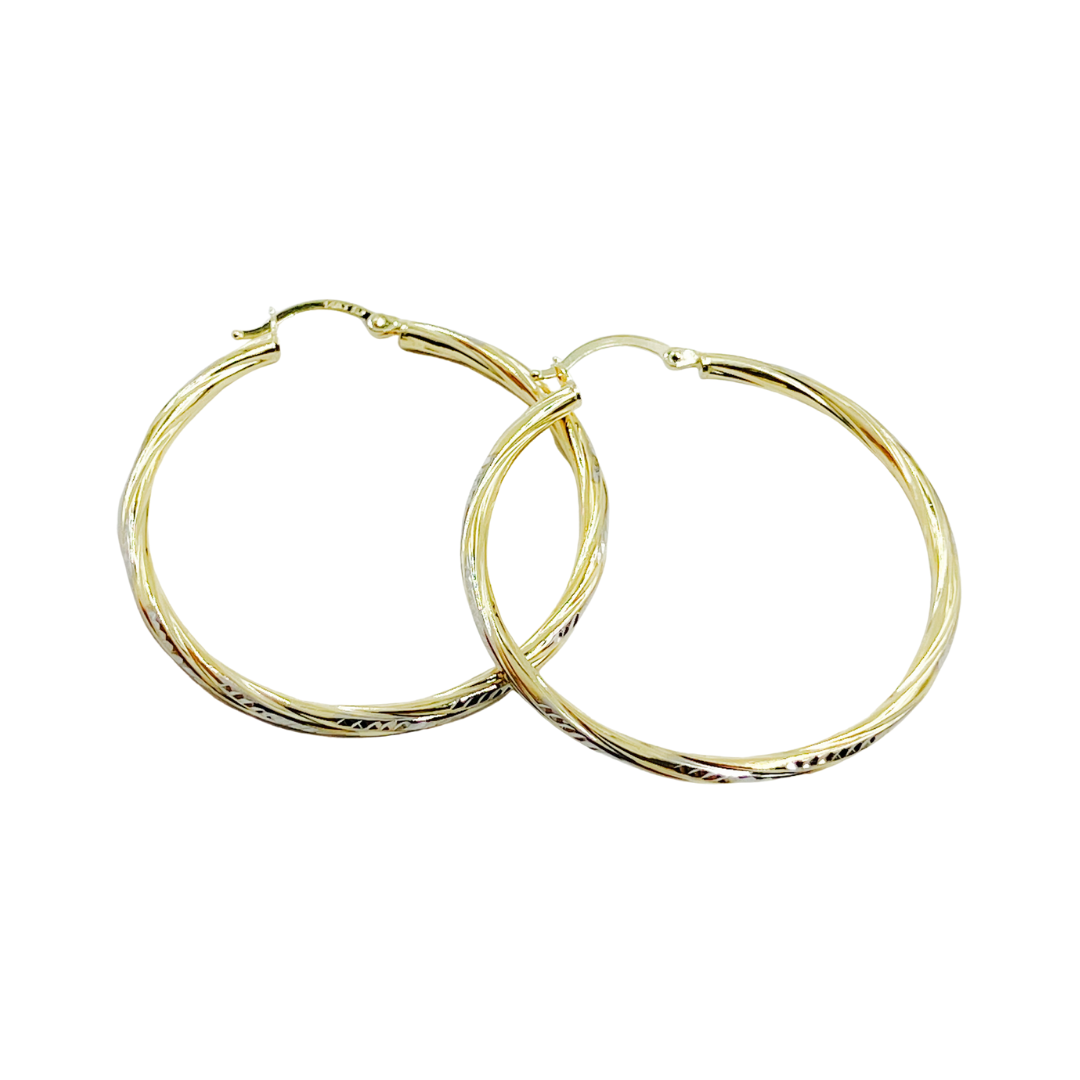 14K Gold Hoop Earrings with Engraved Tornado Design.