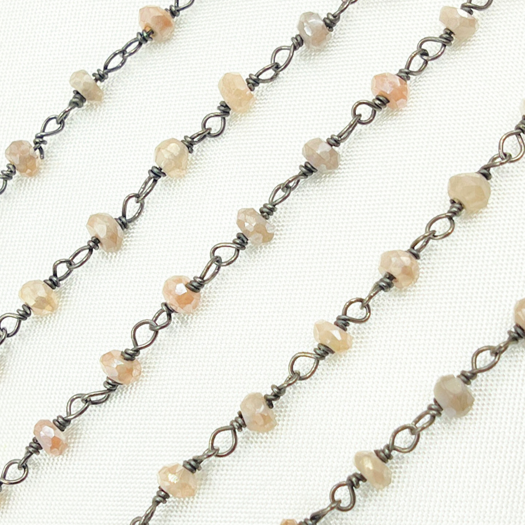 Coated Siloni Peach Moonstone 925 Sterling Silver Wire Chain.