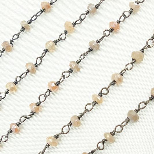 Coated Siloni Peach Moonstone 925 Sterling Silver Wire Chain.