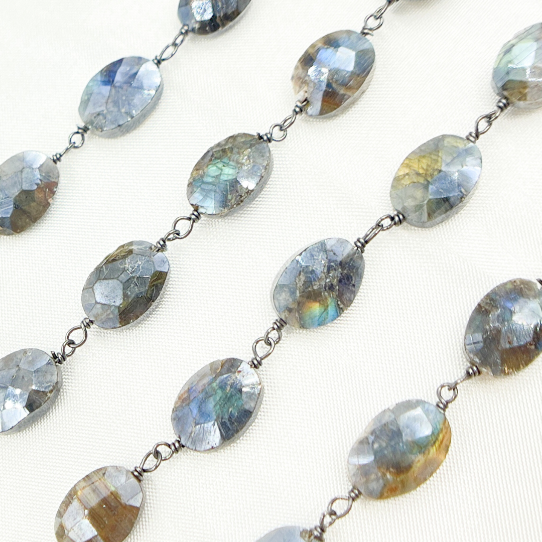 Coated Labradorite Oval Shape Oxidized Wire Chain