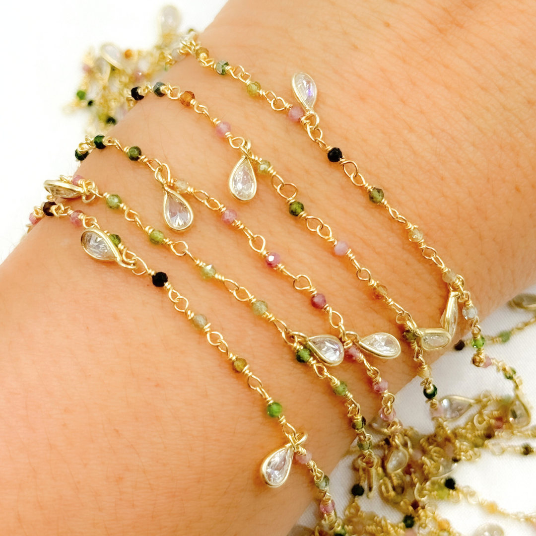 Multi Tourmaline & CZ Dangle Gold Plated Wire Chain.