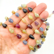 Multi Sapphire Tear Drop Shape Gold Plated Wire Chain.