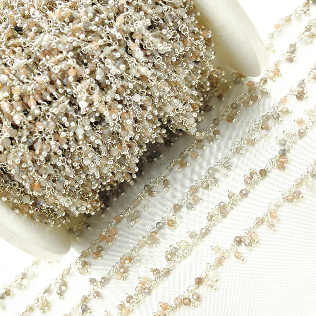 Coated Multi Moonstone Cluster Dangle 925 Sterling Silver Wire Chain.