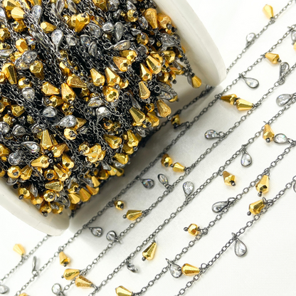 Golden Pyrite Drop & CZ Pear Shape Dangle Oxidized Wire Chain.